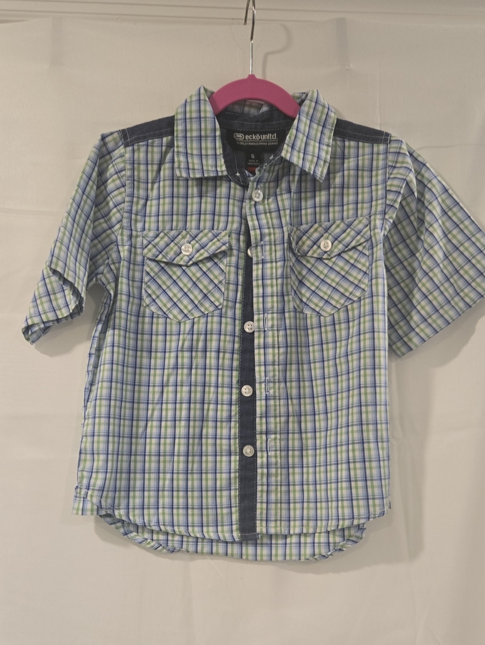 Ecko Unltd Boys Plaid Button-Down Shirt Short Sleeve Green Blue